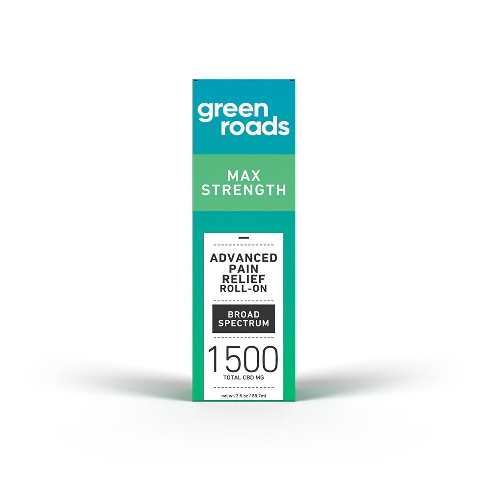 Green Roads Max Strength Advanced Pain Relief Roll-On packaging on a white background