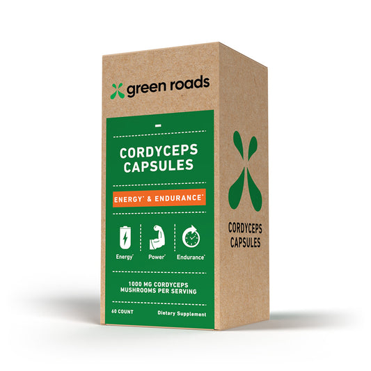 Box of Green Roads Cordyceps Capsules on a white background