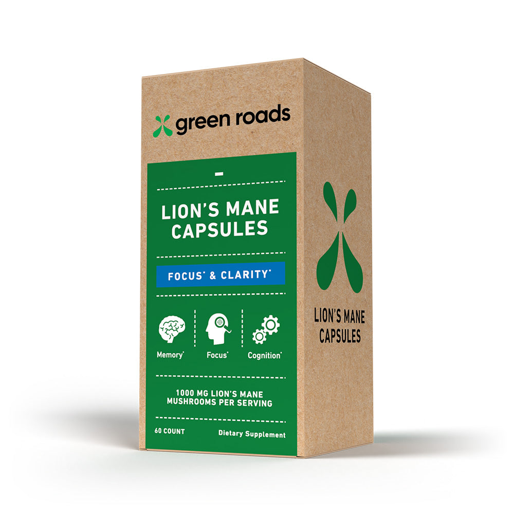 Box of Green Roads Lion's Mane Capsules on a white background