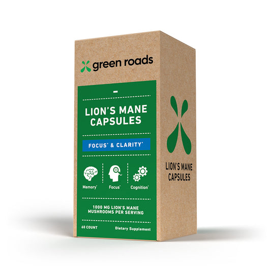 Box of Green Roads Lion's Mane Capsules on a white background