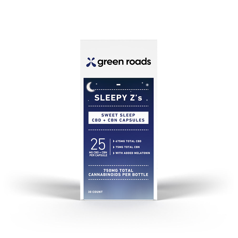 Green Roads Sleepy Z's CBD and CBN capsules packaging on a white background