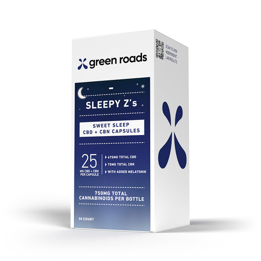 Box of Green Roads Sleepy Z's CBD + CBN capsules on a white background