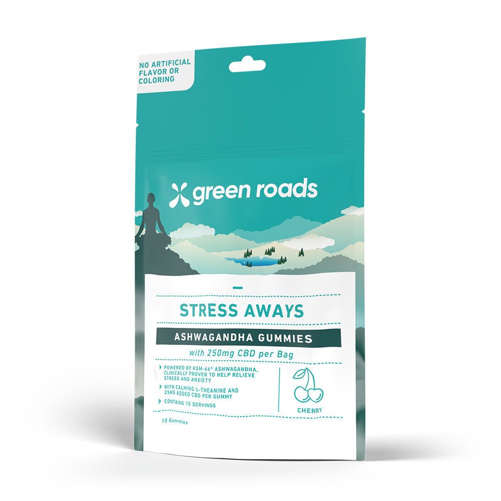 10 count green roads stress away  gummies on a white background 