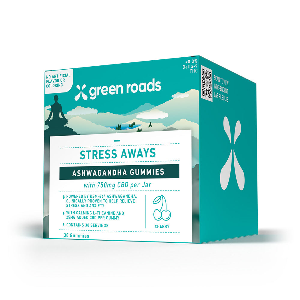 30 count green roads stress away gummies on a white background 