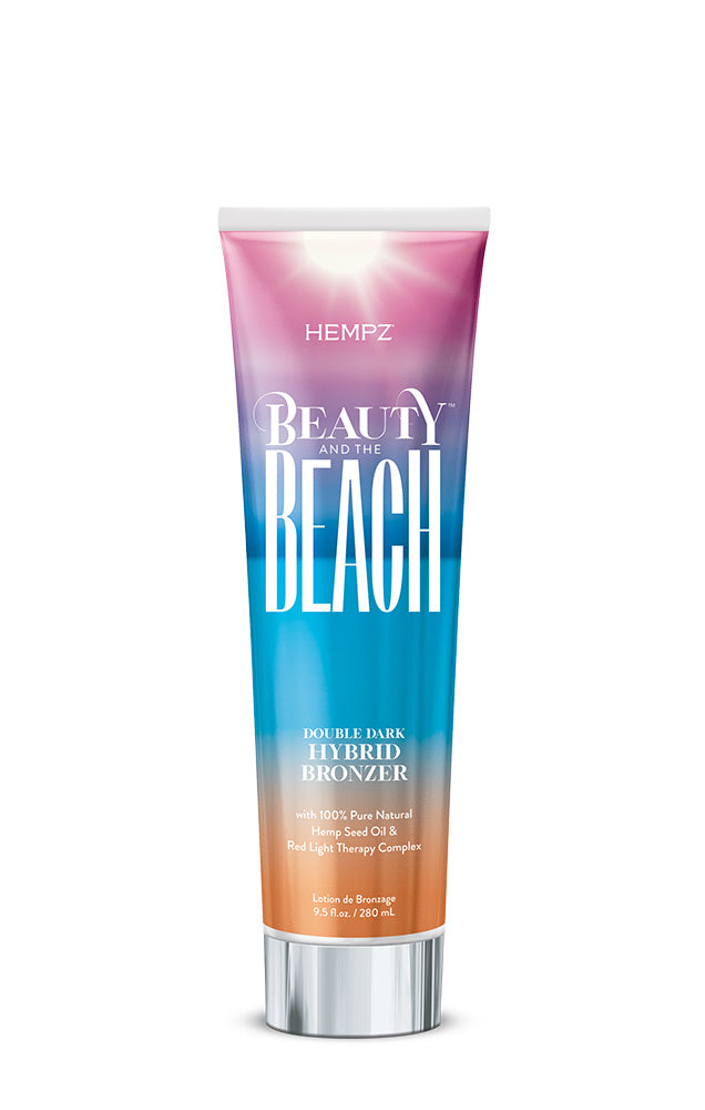 A bottle of Hempz Beauty And The Beach tanning lotion featuring a colorful background with white text 
