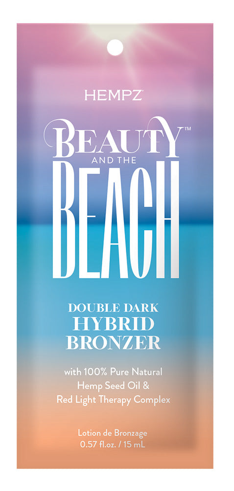 A packet of Hempz Beauty And The Beach tanning lotion featuring a colorful background with white text 