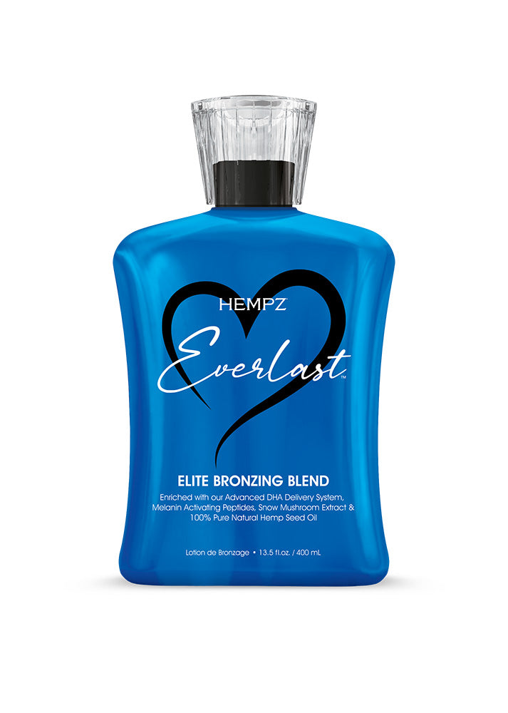 A bottle of Hempz Everlast tanning lotion featuring a blue background with a black and heart and white text 