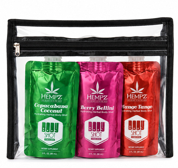 Three Hempz Body Shot pouches in green, pink, and red in a clear bag with black zipper.