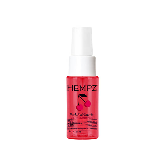 A bottle of HEMPZ Dark Red Cherries 24 hour hydration body spray, featuring a translucent red bottle filled with red liquid and a white spray nozzle, set against a plain white background.