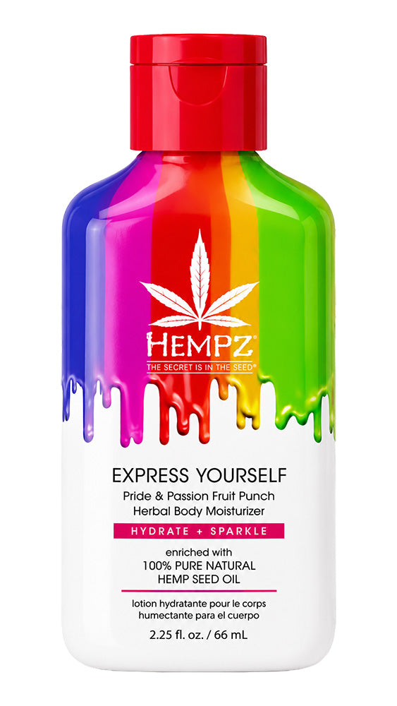 Hempz Pride & Passion Fruit Punch Herbal Body Moisturizer bottle with colorful design on a white background