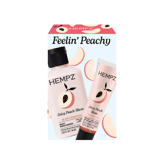 Hempz Juicy Peach Slices product set with packaging on a white background