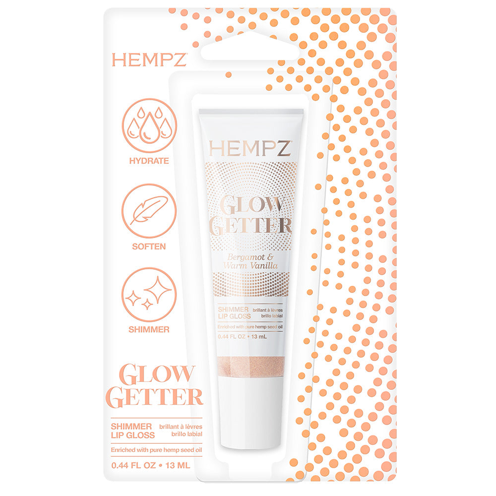 Hempz Glow Getter lip gloss packaging with product and brand name on a white background