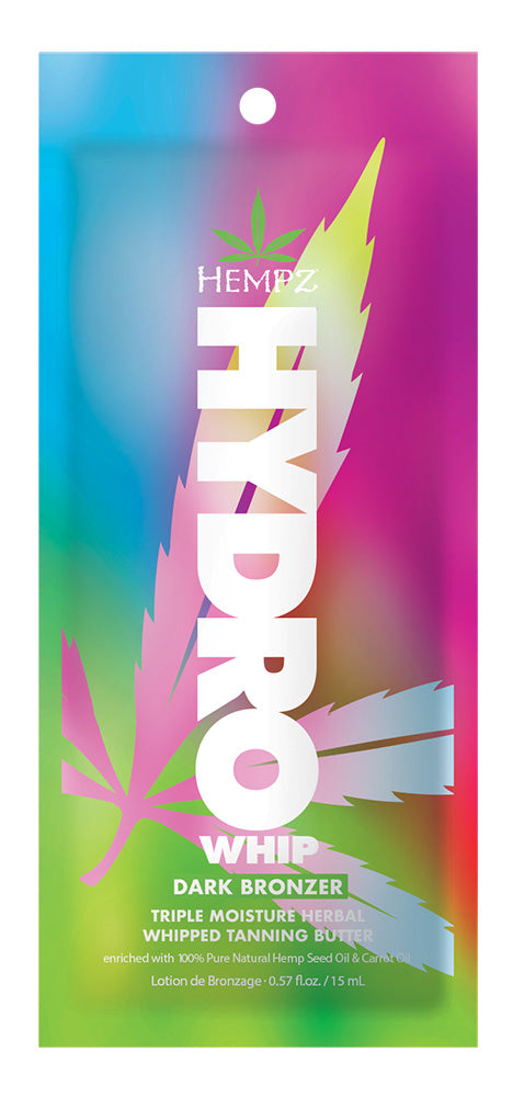 Colorful packaging of HEMIEZ Hydro Whip tanning product with brand logo.