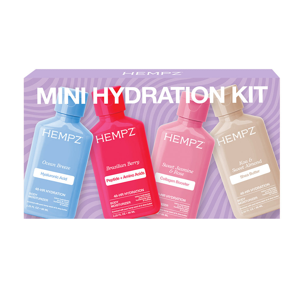 Hempz Mini Hydration Kit packaging with four bottles on a white background