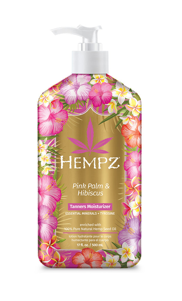 Hempz Pink Palm & Hibiscus Tanning Moisturizer bottle with floral design on a white background
