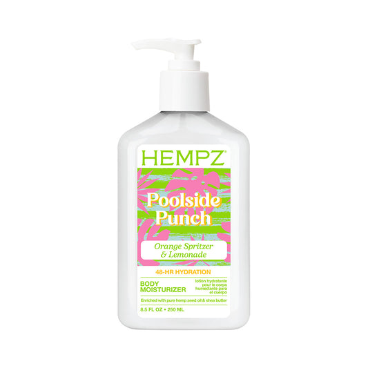 A bottle of HEMPZ Poolside Punch Orange Spritzer & Lemonade body moisturizer, featuring a white pump dispenser and a colorful tropical label with pink palm trees and green text.