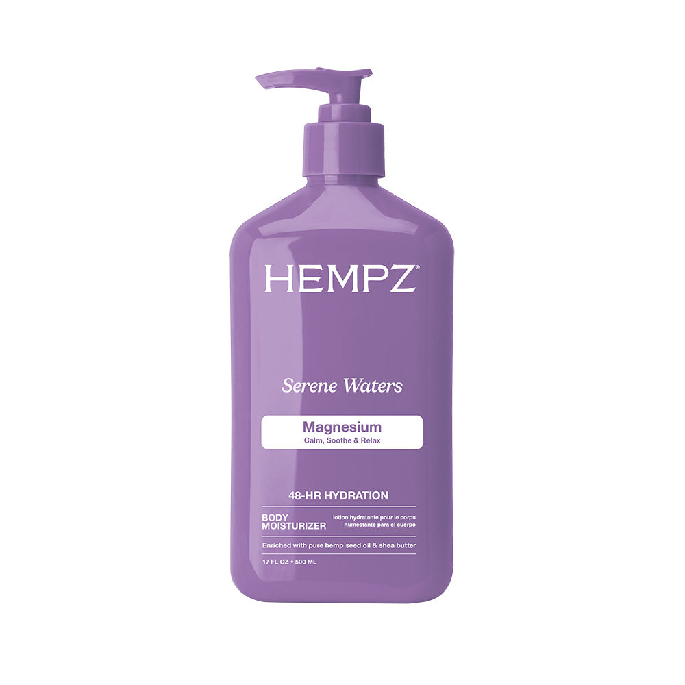 Purple bottle of Hempz Serene Waters body moisturizer on a white background