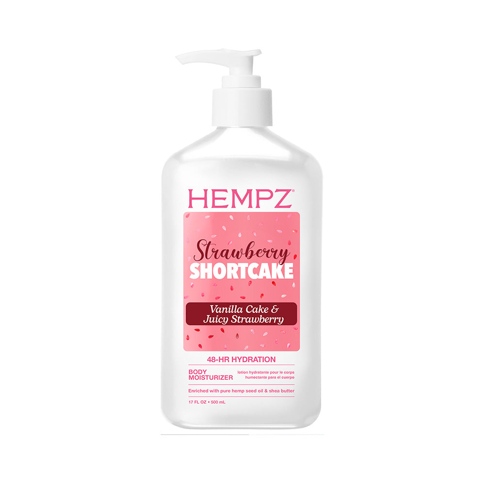 A bottle of HEMPZ Strawberry Shortcake body moisturizer with a white pump dispenser and a pink label, shown on a plain white background.
