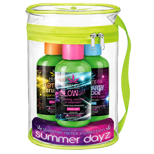 Clear bag with colorful bottles labeled 'Summer Dayz' on a white background