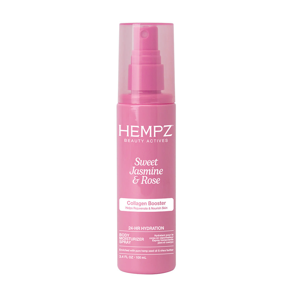 Pink bottle of Hempz Sweet Jasmine & Rose Collagen Booster on a white background