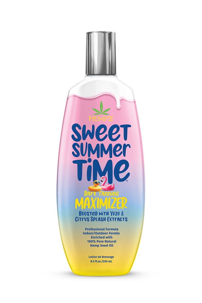 Bottle of 'Sweet Summer Time' product with gradient design on a white background