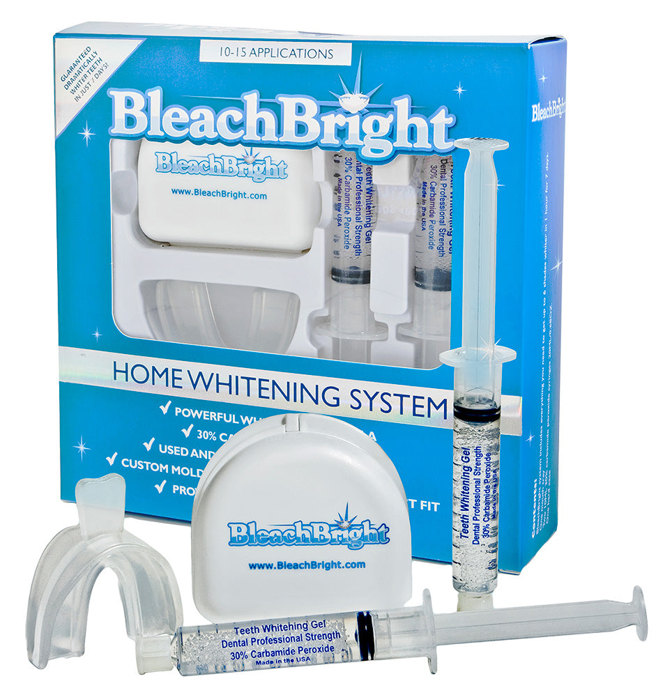 BleachBright home whitening system packaging with syringes and mouth tray on a white background