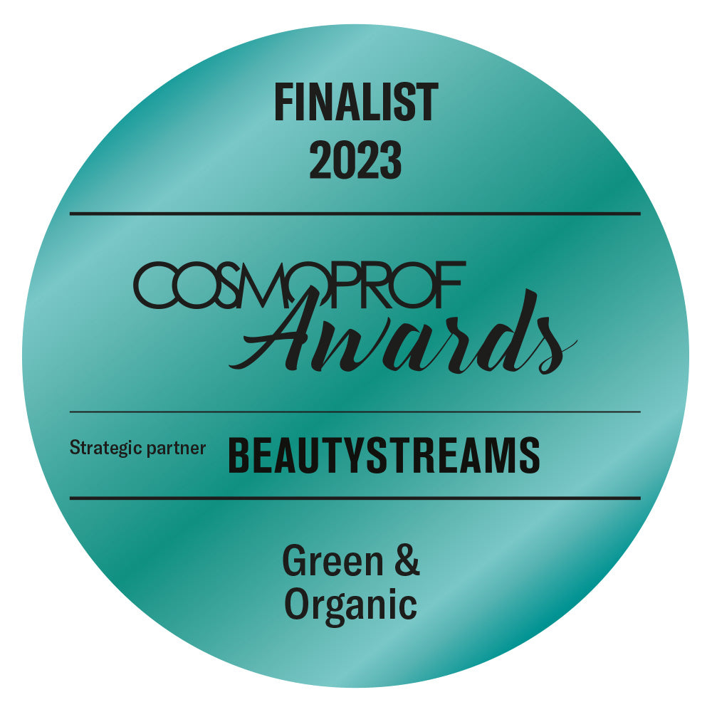 Cosmoprof Awards 2023 finalist badge for Beautystreams with green and organic theme.