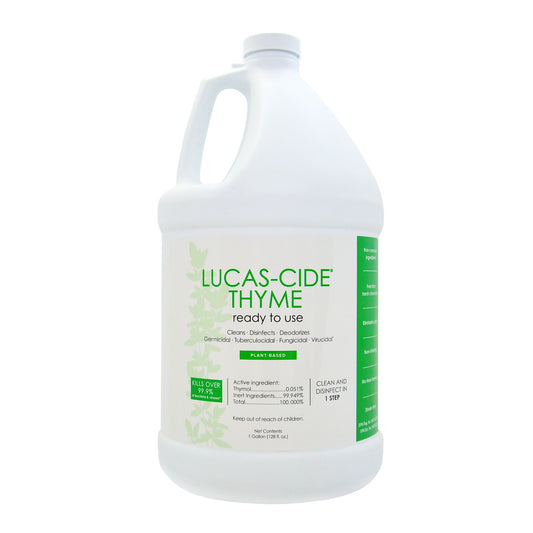 Gallon bottle of Lucas-Cide Thyme on a white background