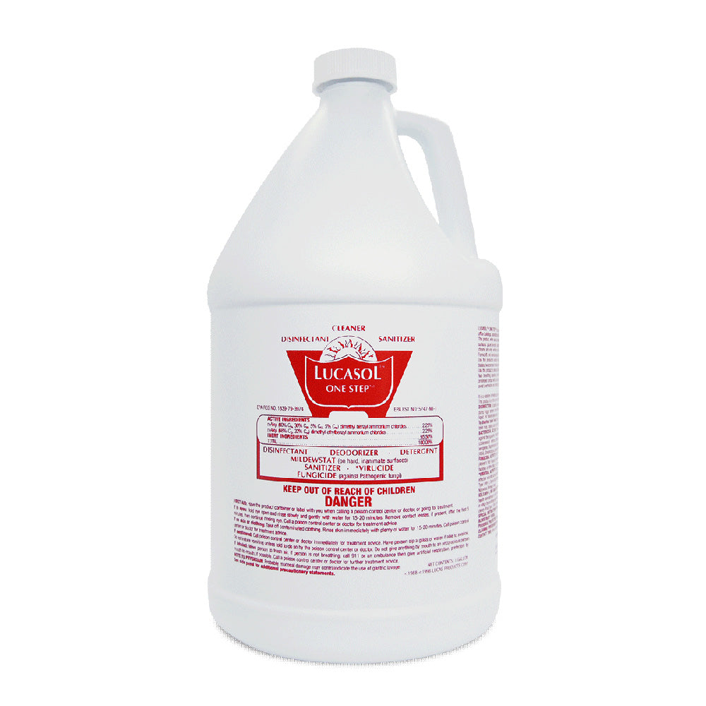 White gallon container of Lucasol One Step cleaner on a white background