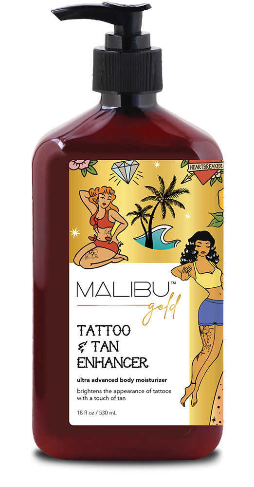 Malibu Gold Tattoo & Tan Enhancer bottle with retro design label on a white background