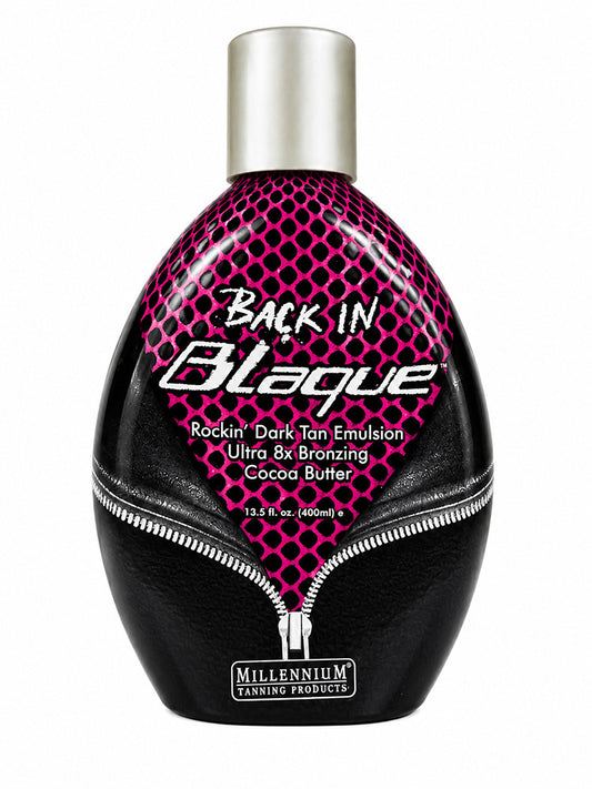 Bottle of Back in Blaque tanning emulsion with pink and black design on a white background