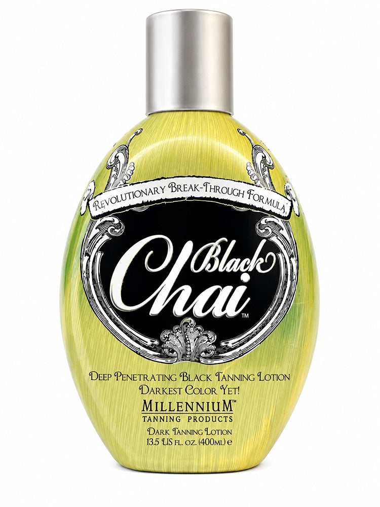 Bottle of Black Chai tanning lotion with a silver cap on a white background