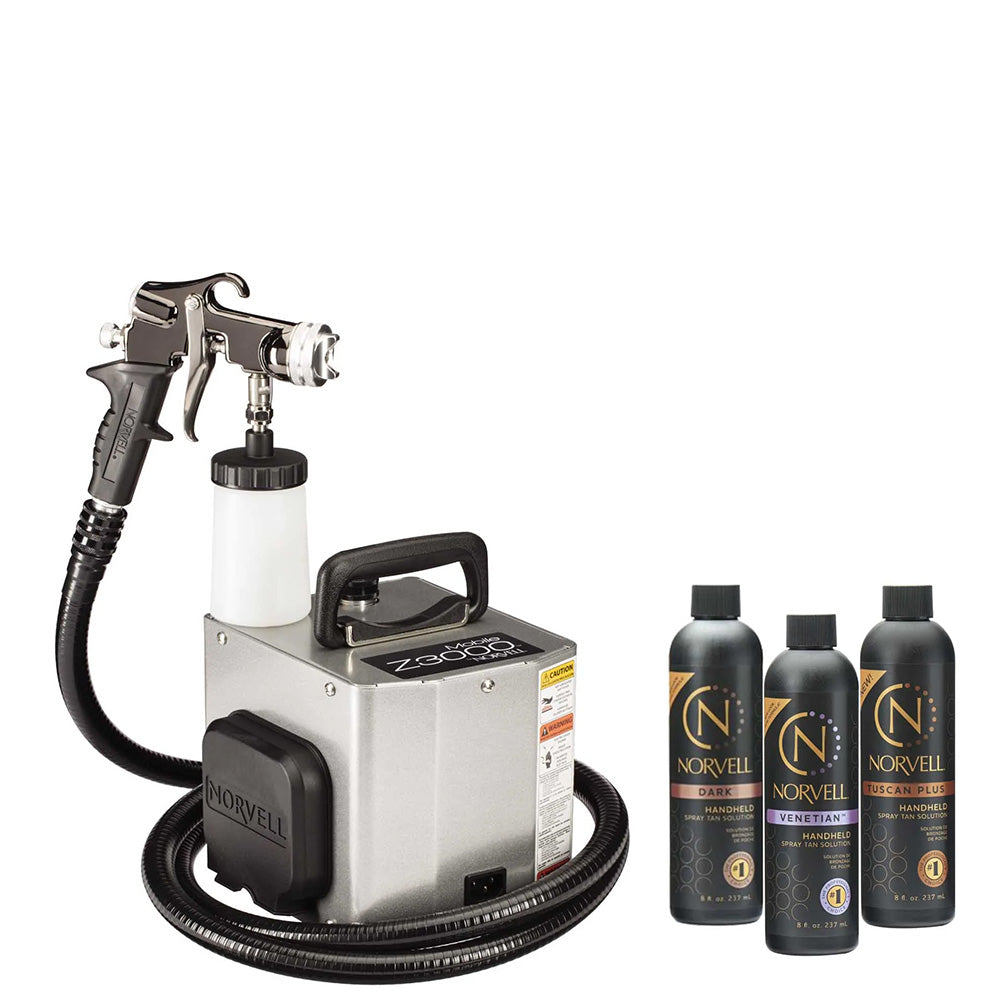 Spray gun with hose and Norvell spray bottles on a white background