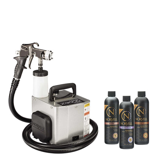 Spray gun with hose and Norvell spray bottles on a white background