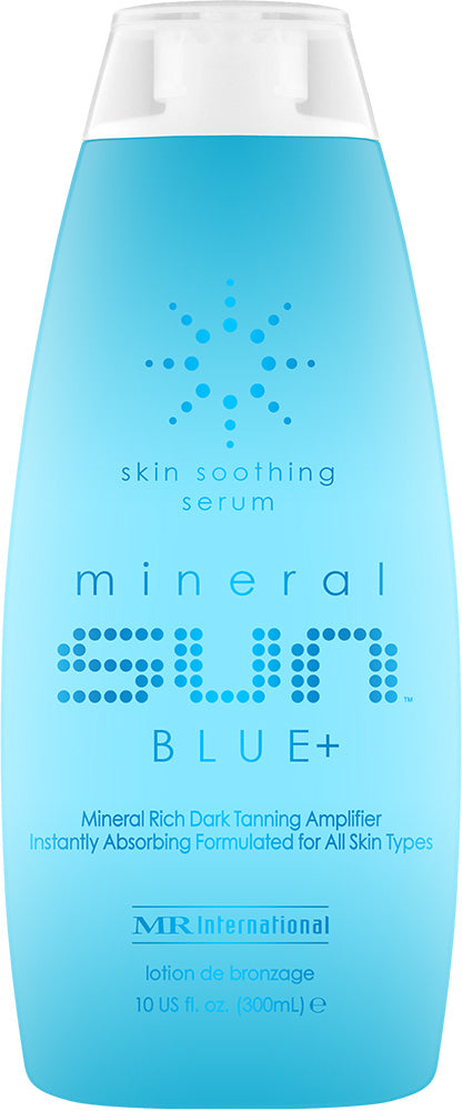 Blue bottle of mineral sun serum with branding on a white background