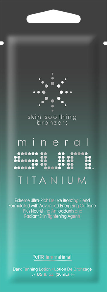 Mineral Sun Titanium bronzer packaging with text on a dark background