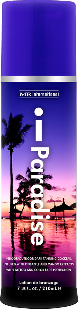 MR International i-Paradise tanning lotion with palm trees and sunset design on a purple background