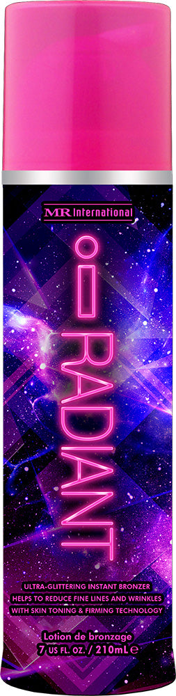 Radiant ultra-glittering instant bronzer spray bottle with pink top and purple label.