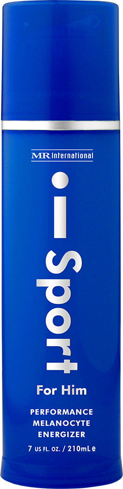 Blue container labeled 'i-Sport For Him' by MR International on a white background