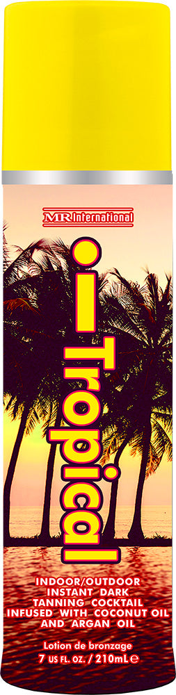 Tropical-themed hair color product with palm trees on a yellow and red background