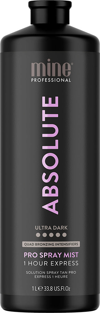 Black spray bottle labeled 'mine professional absolute ultra dark' on a white background