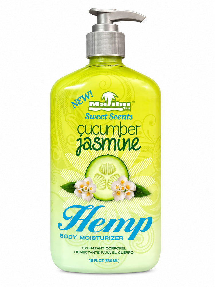 Body moisturizer bottle with cucumber and jasmine design on a white background