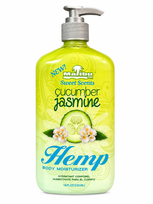 Body moisturizer bottle with cucumber and jasmine design on a white background