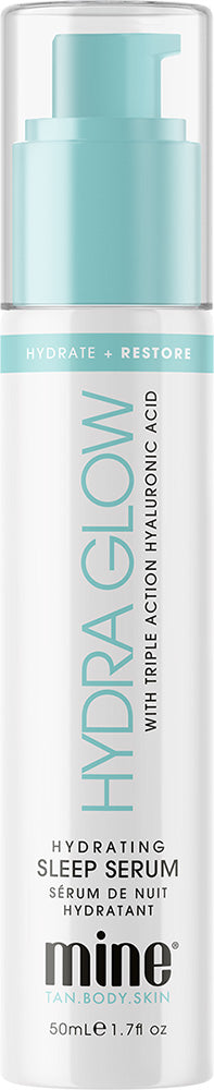 Mine Tan Body Skin Hydra Glow Hydrating Sleep Serum in a 50ml pump bottle with a white body, light blue cap, and light blue text.