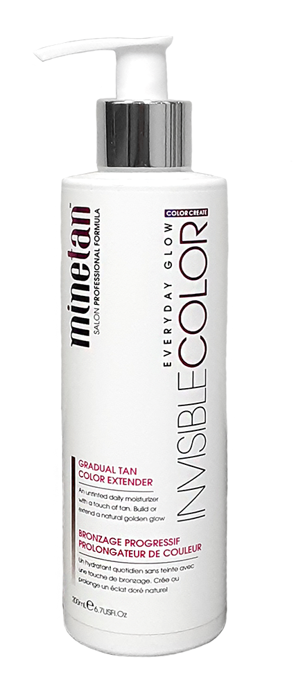 A white pump bottle of Minetau Invisible Color Everyday Glow Gradual Tan Color Extender, featuring a silver pump collar and black and pink text on the label.