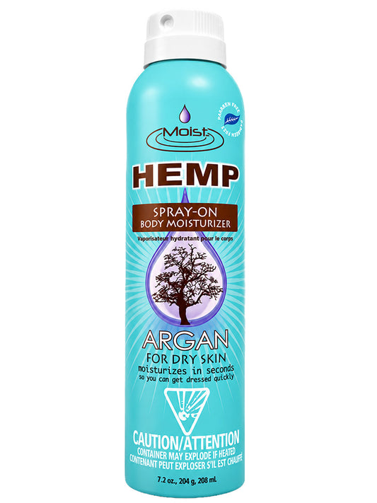 Blue spray bottle of Hemp Argan spray-on body moisturizer on a white background