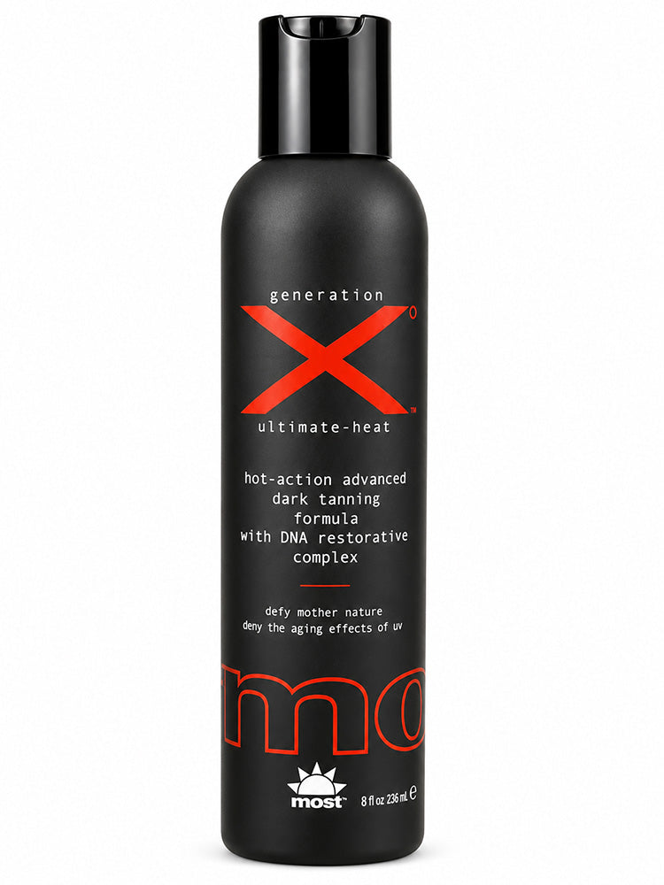 Black bottle of 'generation X ultimate heat' tanning formula with red and white text on a white background