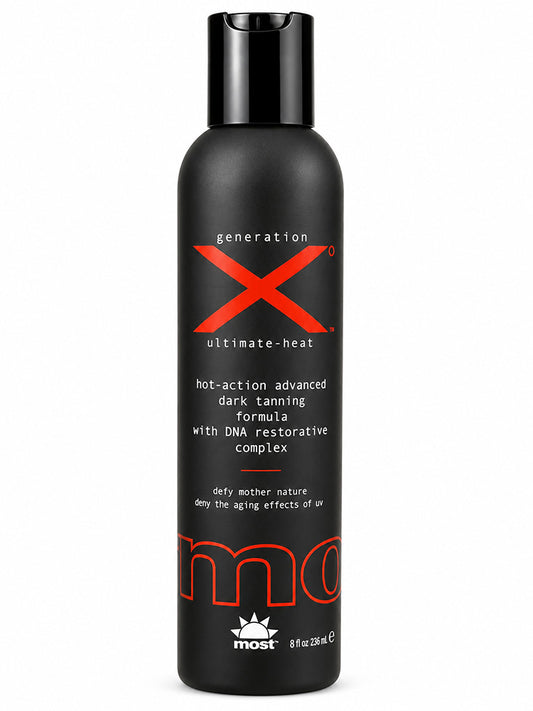 Black bottle of 'generation X ultimate heat' tanning formula with red and white text on a white background
