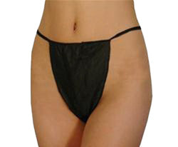Black thong being worn on a white background