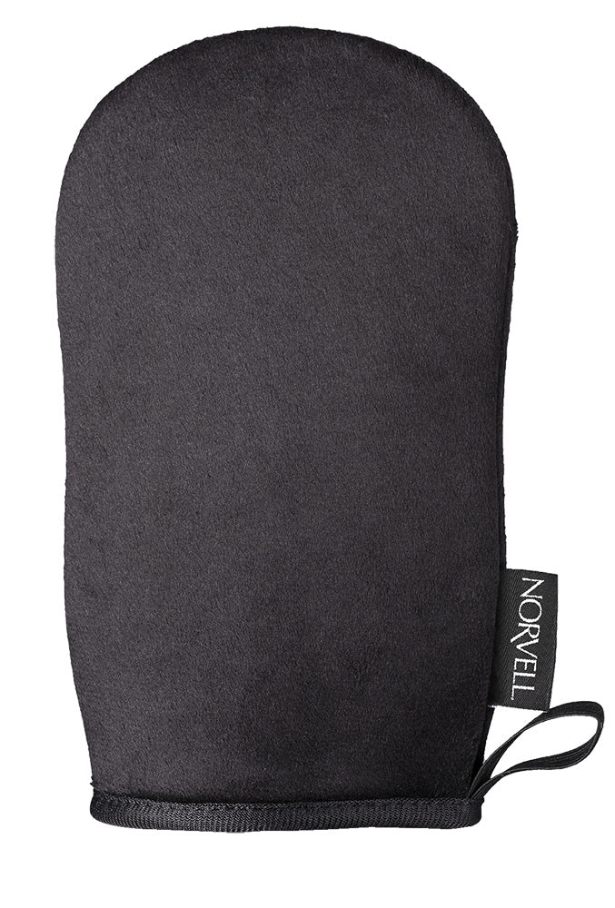 Black oven mitt with a brand tag on a white background